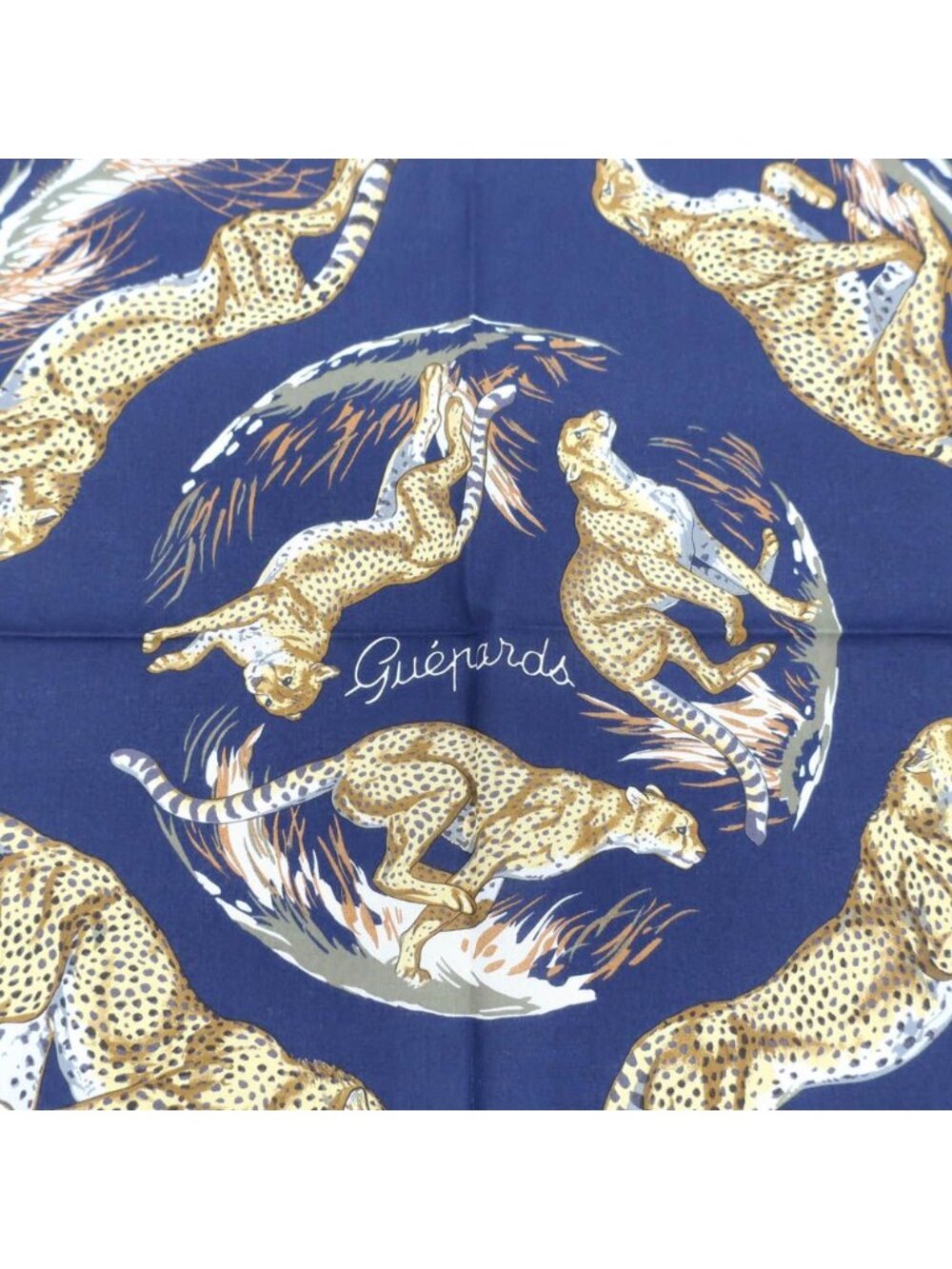 Hermes Carre 80 Cheetah Scarf Cotton Blue Marine Gold Khaki Navy - Picture 3 of 10